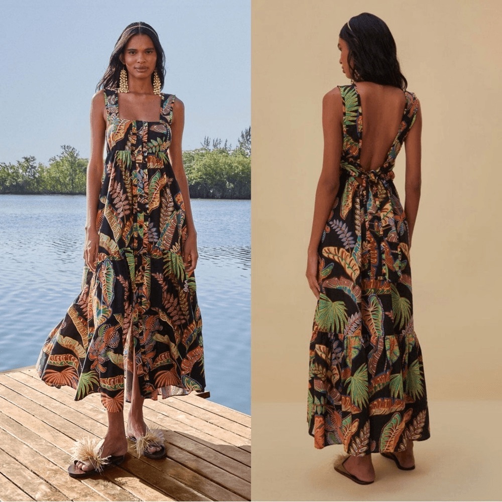 Farm Rio Black Foliage Sleeveless Maxi Dress, XL